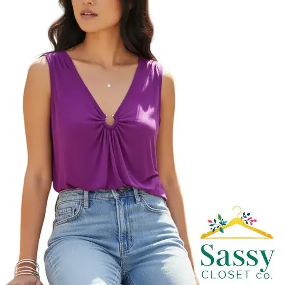 WHBM Purple Sleeveless V‑Neck Circle Detail Stretch Top Women’s S EUC - Picture 2 of 8